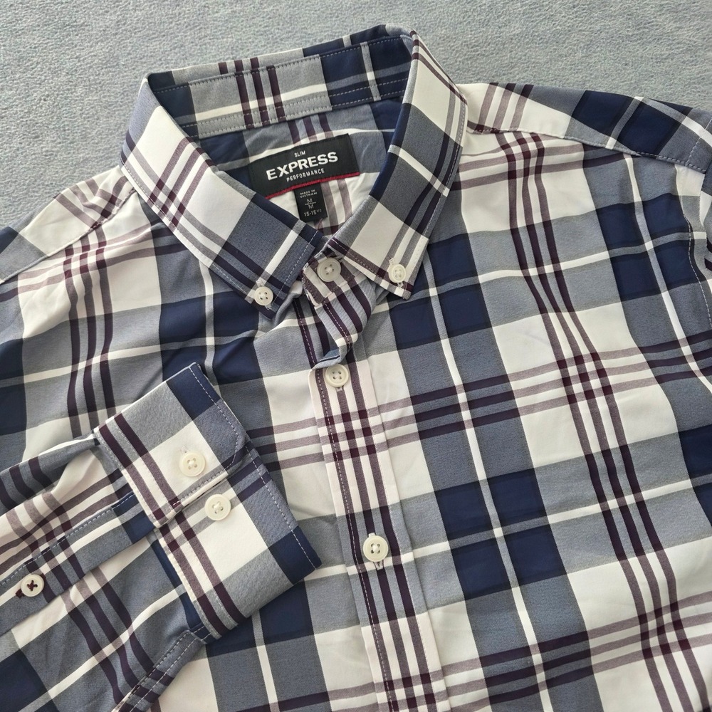 Express Performance Slim Fit Plaid Button Down Shirt Mens Medium Navy Blue White